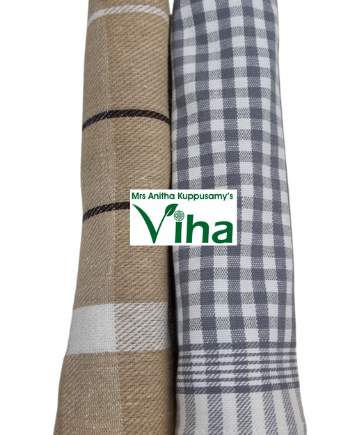 Premium Export Quality Kitchen Towel, two rolled patterned fabrics, one brown-toned with white and black stripes, and one grey-and-white checkered