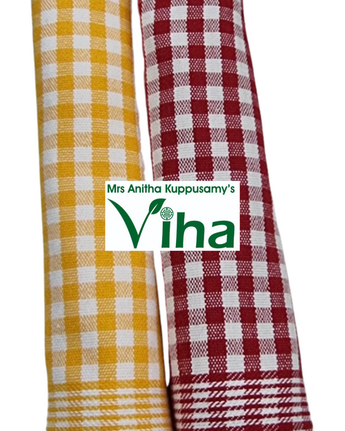 Kitchen Towel Set, two rolled cotton towels in yellow and maroon check patterns