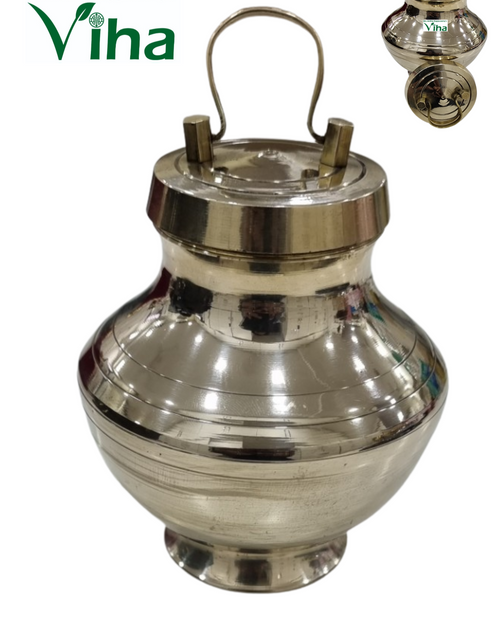 Lotta With Lid, tall silver-toned pot with globular ribbed body, flanged foot, and a lid with two lugs and a bail handle