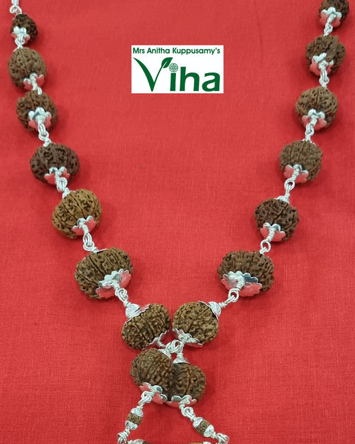 All Faces Rudraksh Silver Mala, a necklace featuring twelve brown textured round beads and one curved bead, all capped in silver-toned metal, on a red cloth