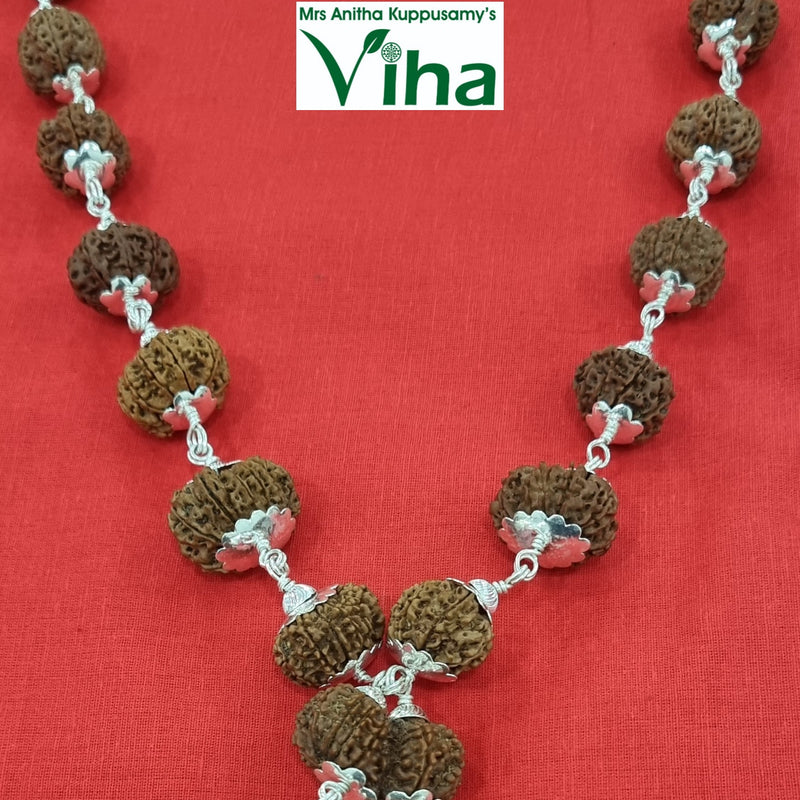 All Faces Rudraksh Silver Mala, a necklace featuring twelve brown textured round beads and one curved bead, all capped in silver-toned metal, on a red cloth