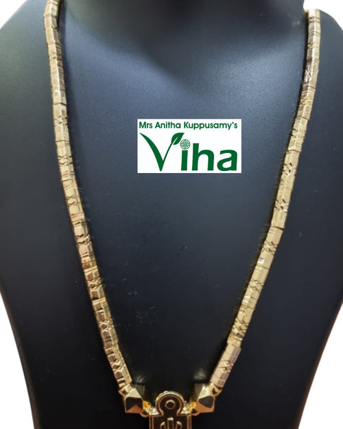 Impon Thali Set With Nanal Kuzhai, a gold-toned chain with a rectangular pendant on a black bust