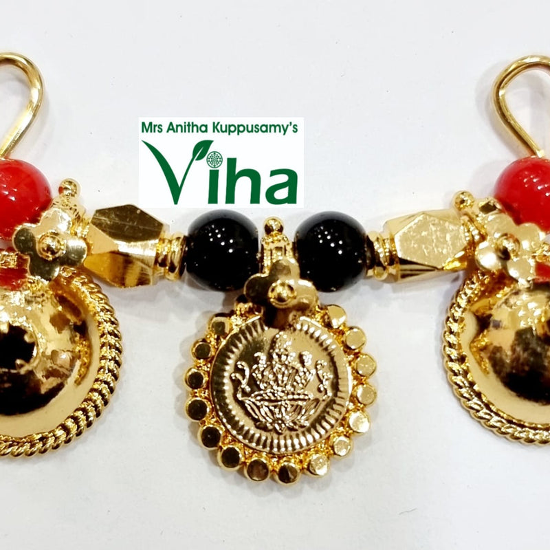 Lakshmi Thali Set, gold coin medallions with red and black beads on gold hooks