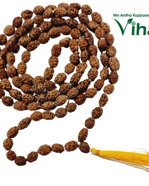 Face Rudraksh Mala, a long loop of many textured brown seed-like beads ending in a yellow tassel