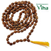 Face Rudraksh Mala, a long loop of many textured brown seed-like beads ending in a yellow tassel