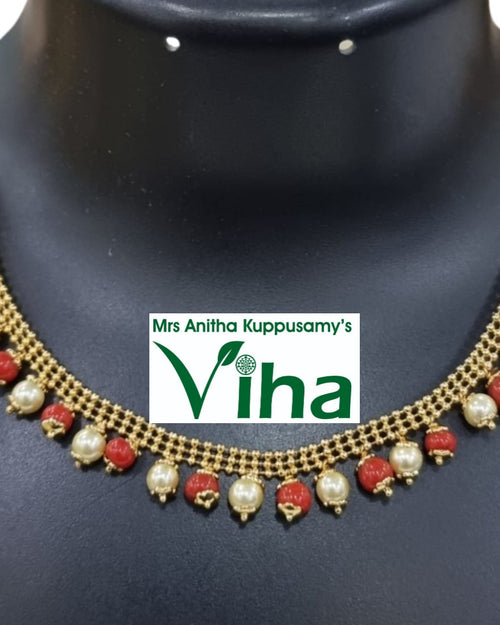 Impon Beads Necklace with alternating white and red hanging beads