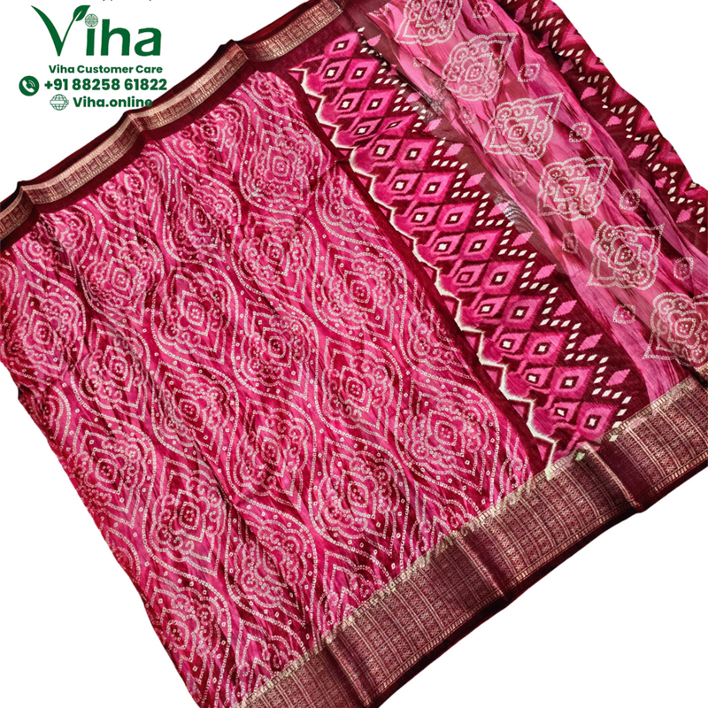 Cotton Silk Saree With Blouse, magenta and maroon with intricate white geometric and floral patterns