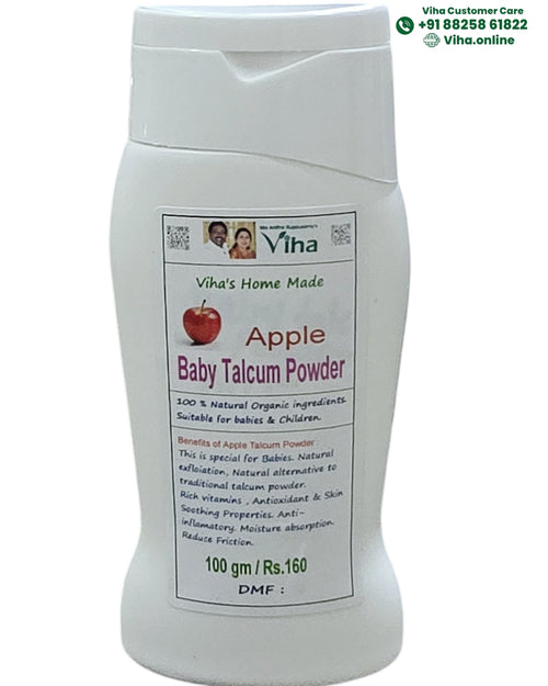 Viha Green Apple Talcum Powder, a white plastic bottle with a flip-top cap, bearing a label featuring text and an apple illustration