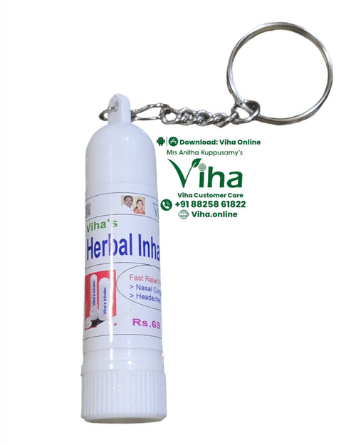 Viha's Herbal Inhaler, a white cylindrical inhaler with a label, on a short chain with a silver-toned key ring