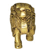 Elephant Statue - Brass, a front-facing golden-toned metallic elephant figurine with ornate engraved patterns and a raised trunk