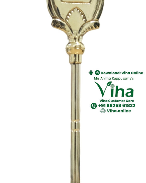 Murugan Vel Brass, a shiny gold-toned spear with a leaf-shaped blade marked with three stripes and a ribbed handle base