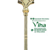 Murugan Vel Brass, a shiny gold-toned spear with a leaf-shaped blade marked with three stripes and a ribbed handle base