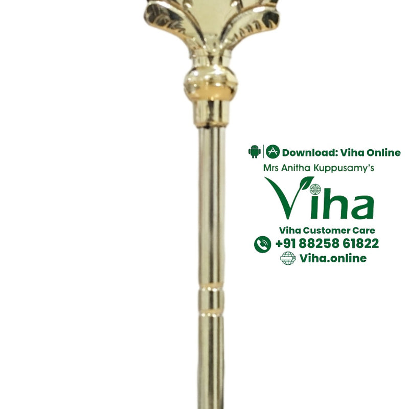 Murugan Vel Brass, a shiny gold-toned spear with a leaf-shaped blade marked with three stripes and a ribbed handle base