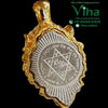 Lion Pendant Brass with Shatkona Yantra, a gold-toned, irregularly edged pendant framing a grey disk engraved with a hexagram and symbols
