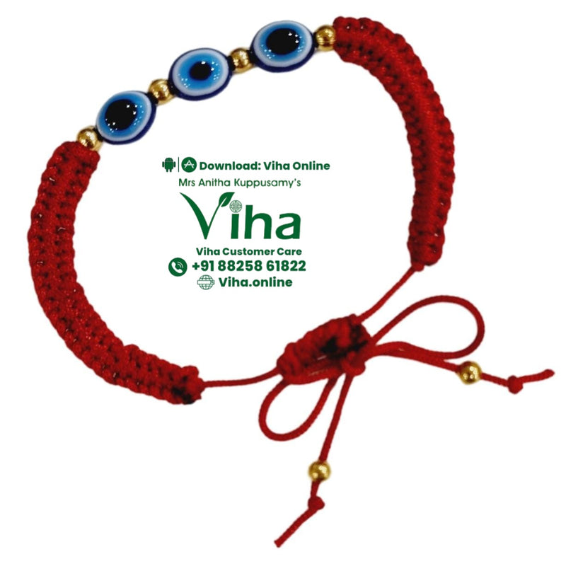 Evil Eye Red Thread Bracelet - Adjustable, red woven-cord bracelet featuring three blue-and-white eye beads and five small gold-toned beads