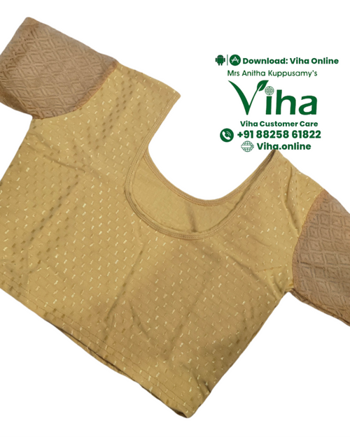 Stretchable Readymade Blouse, a short-sleeved gold-toned blouse with a textured pattern and patterned sleeves