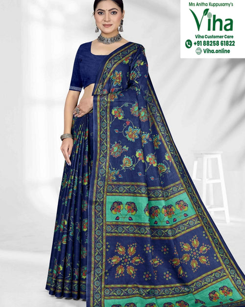 100% Pure Cotton Saree With Blouse in blue, green, orange and yellow with a floral pattern
