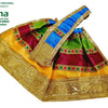 Amman Pavadai Set, a colorful pleated garment with yellow, magenta, green, and blue sections, trimmed with wide gold-toned embroidered borders