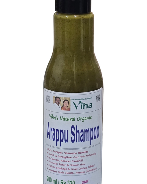 Viha's Arappu Shampoo - Organic - For All Type Of Hair, a green liquid in a glossy clear plastic bottle with black cap and white label