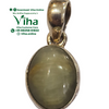 Catseye Pendant Silver, a gold-toned pendant featuring a polished, chatoyant olive-green oval cabochon stone in a bezel setting with a prominent bail