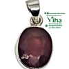 Silver Ruby Pendant - Natural, a silver-toned metal pendant holds a faceted, oval dark-red stone with a light inclusion near the bottom edge