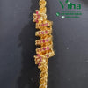Impon Mugappu Chain, a vertical gold-toned twisted chain with a central spiral section set with pink stones