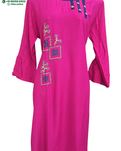 Soft Cotton Kurti - XXL, a bright pink long-sleeved tunic featuring square and floral embroidery patterns and a dark blue trimmed neckline on a mannequin