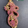 2 Side Mugappu Impon Chain, a gold-toned chain features two round bead-like accents and an ornate pendant, all paved with pink and clear stones
