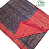 Designer Soft Silk Saree with Blouse, a folded textile featuring a dark blue section patterned with gold-toned motifs and a red border with paisley designs