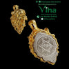 Lion Pendant Brass with Shatkona Yantra, two gold-toned pendants with glossy finish, one lion-shaped and one oval with a hexagram emblem