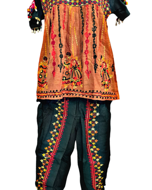 Traditional Kath-Putli Kedia and Tulip Pants, with embroidered human figures and geometric sleeves