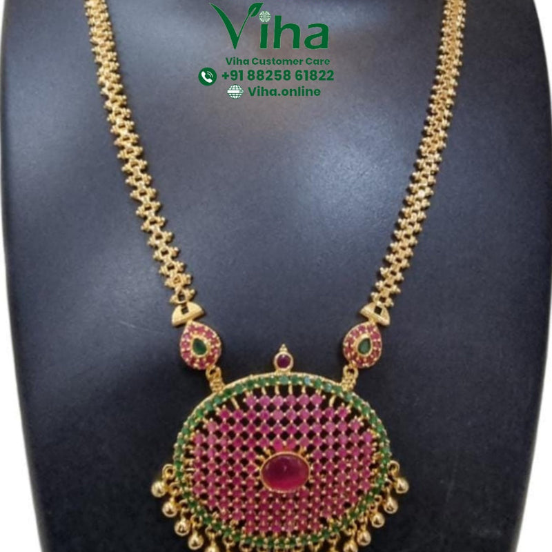 Micro Plated Premium Quality Chain & Ear Studs Set, long chain with a circular pendant