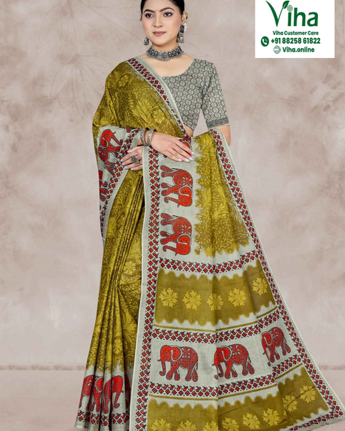 100% Pure Cotton Saree With Blouse in olive green, cream, red and black with an elephant motif print