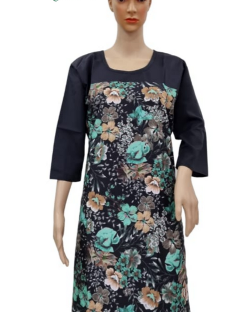 American Crepe Kurti - XL, a mannequin wearing a black dress with a turquoise, white, and brown floral pattern and three-quarter-length sleeves