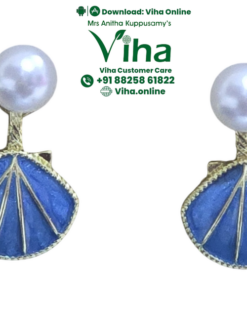 Trendy Stud, two gold-toned earrings featuring a glossy white bead atop a blue scallop shell shape with ridged lines
