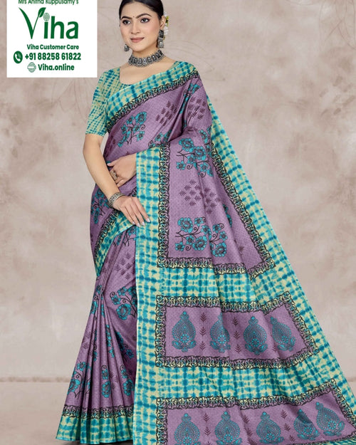 100% Pure Cotton Saree With Blouse, floral print and tie-dye pattern border