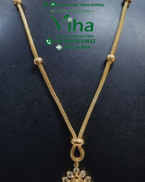 Impon Lakshmi Pendant Chain, a gold-toned linked chain features four round beads and a teardrop pendant bordered by twelve small clear stones