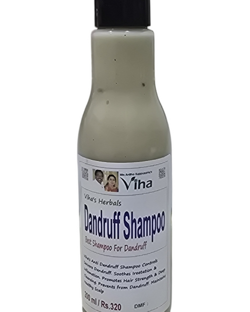 Viha's Dandruff Shampoo - Herbal, a gray liquid bottle with a black cap and white label featuring text and two small portraits