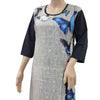 American Crepe Kurti Size :- XXL, a grey patterned kurti with black sleeves features blue and multi-colored butterfly prints worn by a mannequin