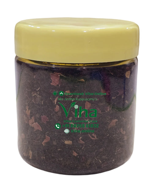 Rose Tea in a brown plastic jar with a yellow lid