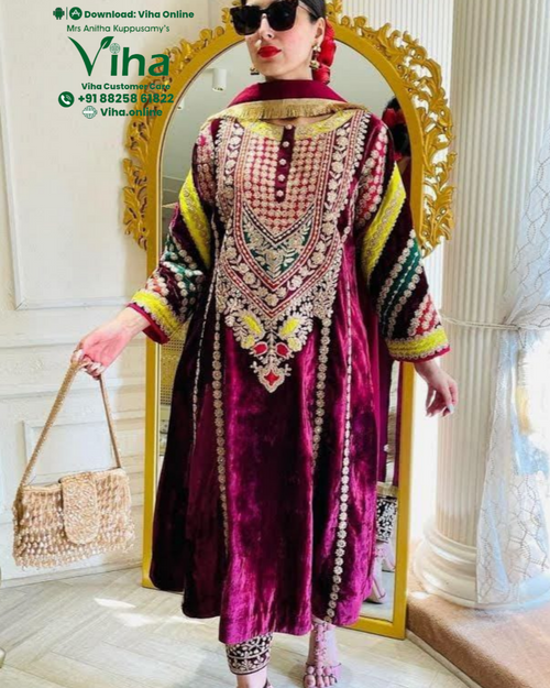 Velvette Designer Kurti Set with intricate embroidery on the chest