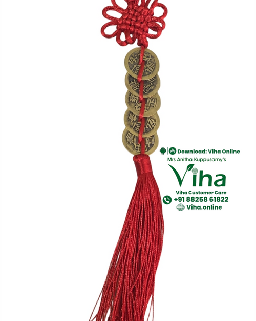 Fengshui Coin Hanger, a red cord tied in a decorative knot holding five round bronze-toned inscribed coins and ending in a hanging red tassel