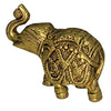 Elephant Statue - Brass, a gold-toned metallic elephant figurine with an upturned trunk, decorated with engraved patterns and geometric designs