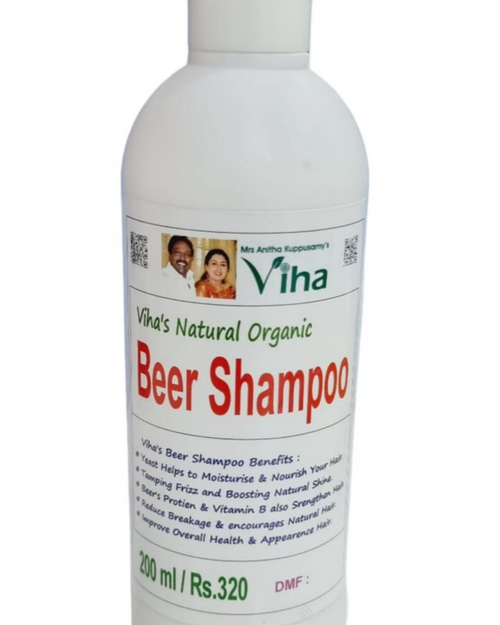 Viha's Beer Shampoo - Unisex, a white plastic bottle featuring a flip-top cap, a label with green and red text, and two small circular portraits