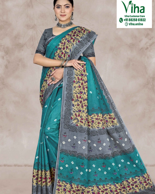 100% Pure Cotton Saree With Blouse in teal, grey, beige and magenta with floral and paisley patterns
