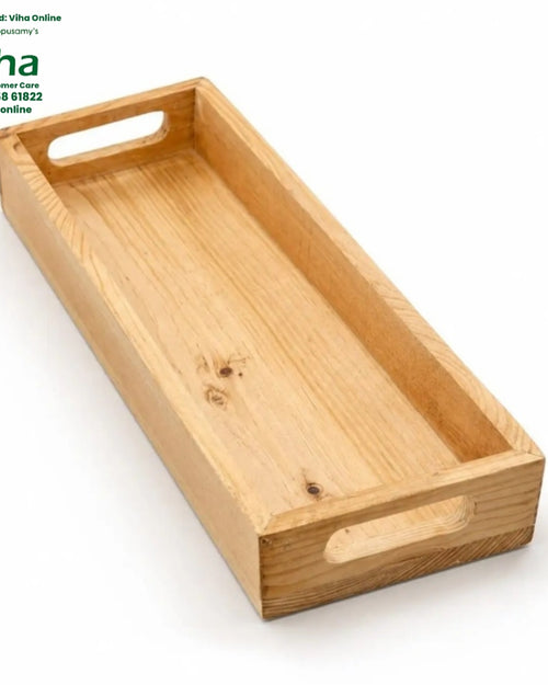 Wooden Serving Tray, an angled light brown wooden rectangular tray with visible grain and two built-in cutout handles