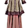 Fancy Long Gown, a printed tunic featuring a beige patterned bodice, checkered sleeves, and a tiered hem paired with a pink and grey pleated skirt