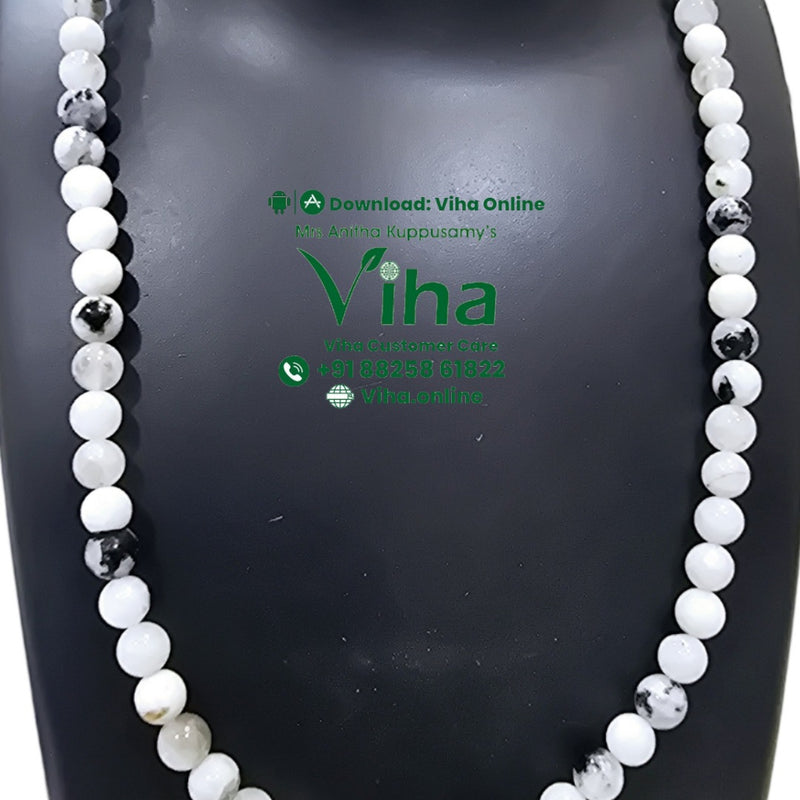 Rainbow Moonstone Mala with alternating white and black-and-white beads