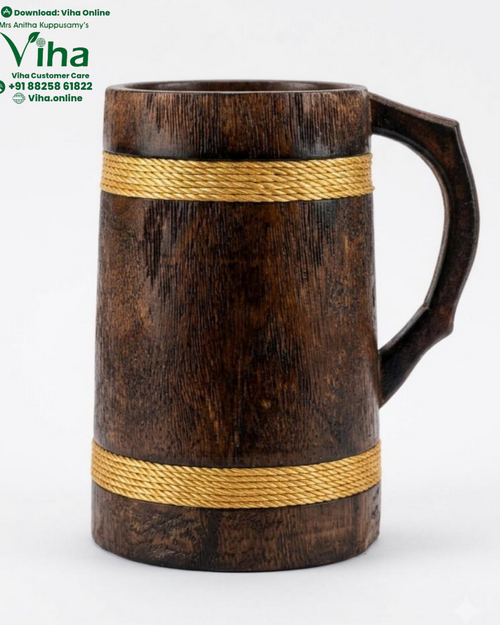 Wooden Beer Mug, a dark brown cylinder with a side handle and two yellow-toned rope bands encircling it