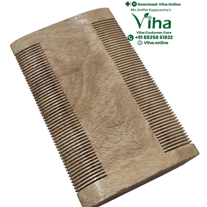 Neem Wooden Lice Comb, an oblong, brown wooden object with rounded ends, featuring two long, parallel sets of dozens of fine teeth protruding from its sides